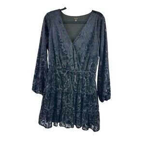 City Studio Black Velvet Dress Long Sleeve Burnout Goth Short Tiered V-Neck XL
